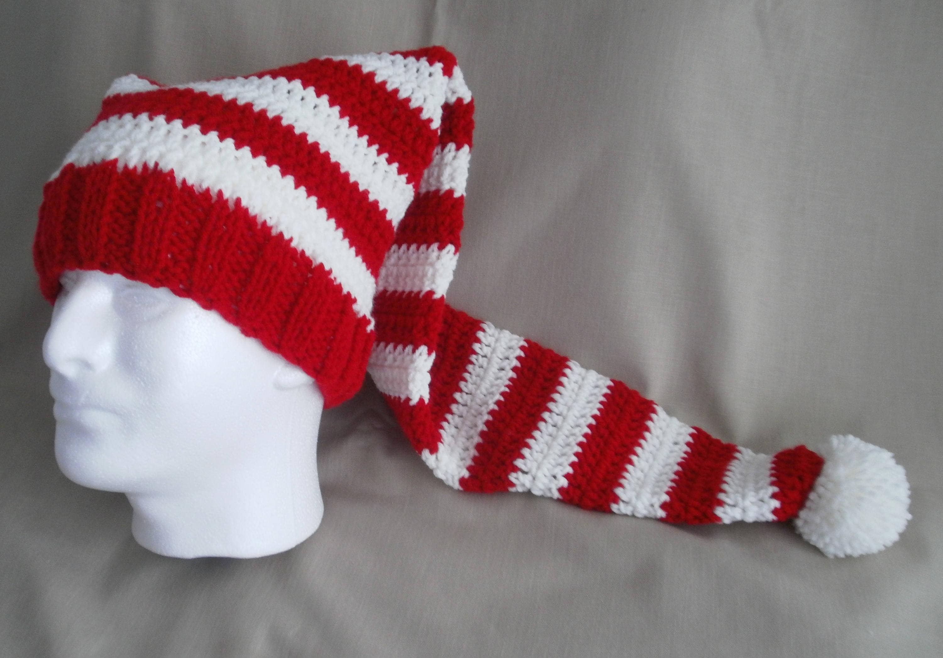 Hand knit Christmas hat Red White striped Santa hat extra long Free Shipping