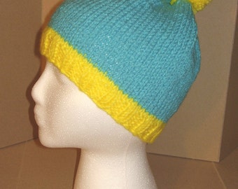 Hand knit hat/Beanie - Blue & Yellow