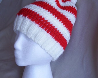 Hand knit Red & White striped hat/beanie