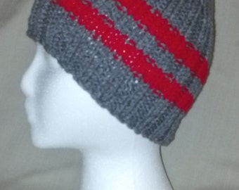 Hand knit hat/Beanie - Grey w/ Red stripes