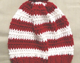 Hand knit Red & White striped hat/beanie - adult size