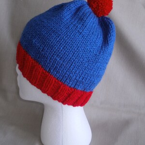 Hand knit hat/Beanie Blue & Red image 2