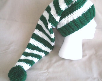 Hand knit/crochet hat -  Green w/ White stripes, extra long