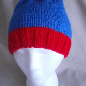 Hand knit hat/Beanie Blue & Red image 1