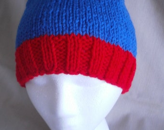 Hand knit hat/Beanie - Blue & Red