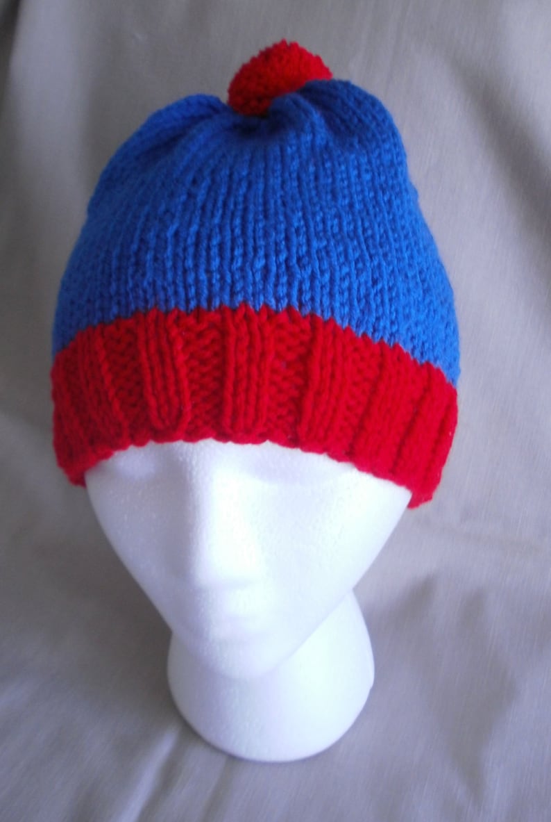 Hand knit hat/Beanie Blue & Red image 1