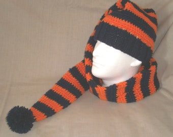 Extra long hand knit stocking hat -  navy blue and orange striped hat, 5 feet long, Free shipping