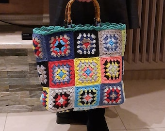 Oversize spring summer bag, rainbow crochet boho bag for woman bamboo handles. Granny tote handmade purse, chunky oversize. Bag 70' style.