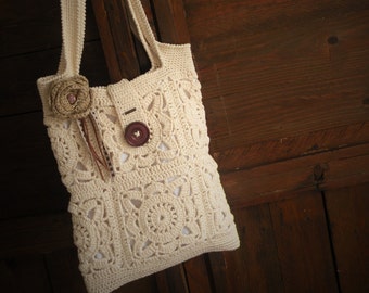 Rectangular boho chic bag with granny squares crochet. Cream boho chic bag, lined tote bag, chunky oversize. Crochet bag handmade. Vegan bag