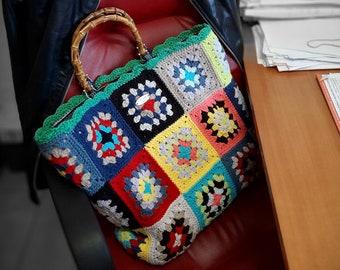 Colorful and rainbow crochet boho bag for woman bamboo handles. Granny tote handmade purse, chunky oversize. Bag 70' style. Vegan bag