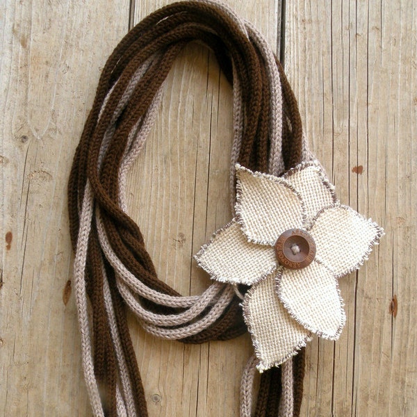 Unique original textile necklace. Yarn brown and beige tones jewelry. Fiber hypoallergenic nichel free, unusual boho cowl scarf. Handmade