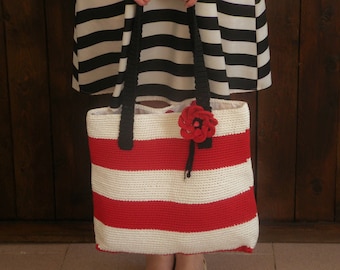 Large crocheted summer bag with red and white stripes. Cotton bag for beach, shopping. Boho bag. Gift for vegan friend and sister in law.