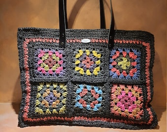 Raffia Colorful and rainbow crochet boho bag for woman leather handles. Granny tote handmade purse, chunky oversize. Bag 70' style Vegan bag