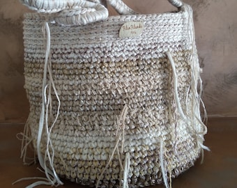 Sand crochet scrap boho bag. Handmade hip handbag runways fashion. Shoulder durable ladies of strips recycled fabric and cotton wire. OOAK