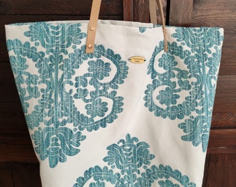 Oversize bag in upholstery fabric with turquoise embrodery flowers, letaher handles. Large shoulder bag italy. Fashion bag handmade summer