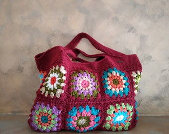 Colorful and rainbow crochet boho bag for woman. Granny tote handmade beach purse, chunky oversize. Granny summer bag 70' style coachella