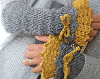 Handmade knit fingerless gloves, gray and yellow  romantic lace mittens with crochet edge, winter woman accessorie. Warm winter accessories