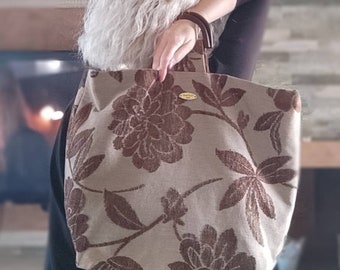 Oversize bag in upholstery fabric with brown velvet flowers, wooden handles. Large shoulder bag italy. Fashion bag handmade spring season