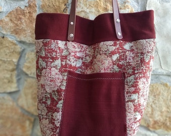 Grand sac en tissu couleurs automne, roses style anglais country chic. Sac rectangulaire, sac fourre-tout oversize en coton, style unique et décontracté