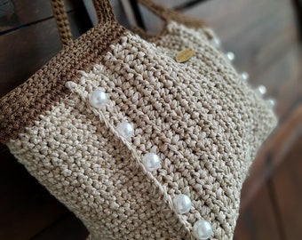 Rectangular boho chic bag with white pearls crochet. Cream boho chic bag, lined tote bag, chunky oversize. Crochet bag handmade. Vegan bag