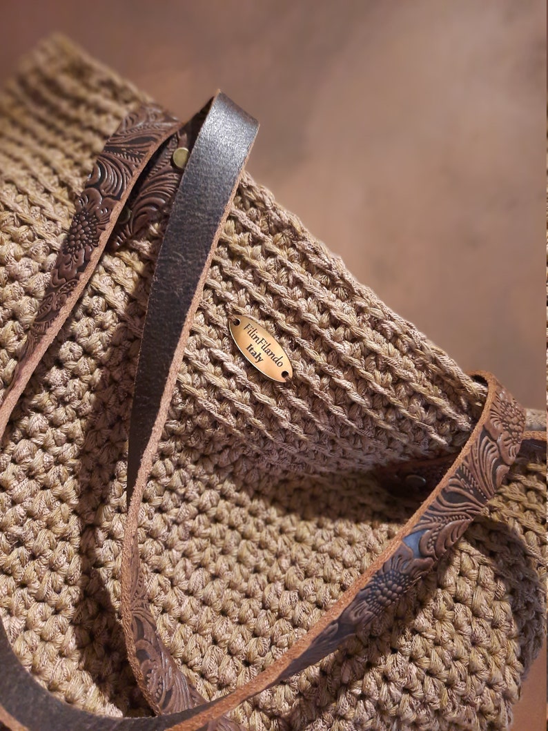 Rectangular crochet boho chic bag. Tobacco boho chic bag, linen tote bag lined, chunky oversize.Shoulder bag handmade, natural fiber purse image 6