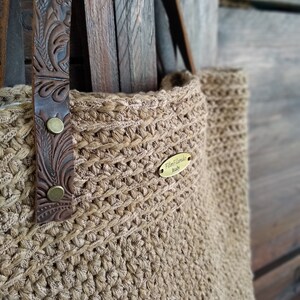 Rectangular crochet boho chic bag. Tobacco boho chic bag, linen tote bag lined, chunky oversize.Shoulder bag handmade, natural fiber purse image 10