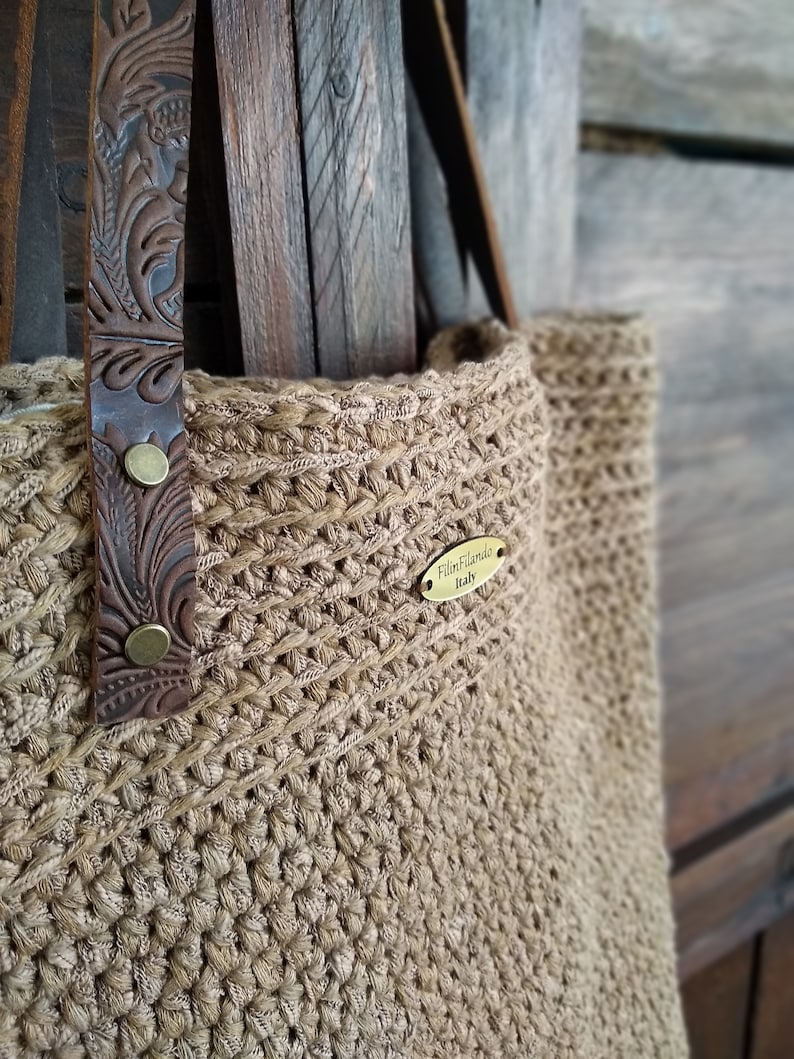 Rectangular crochet boho chic bag. Tobacco boho chic bag, linen tote bag lined, chunky oversize.Shoulder bag handmade, natural fiber purse image 10