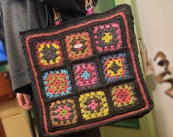 Raffia Colorful and rainbow crochet boho bag for woman bamboo handles. Granny tote handmade purse, chunky oversize. Bag 70' style Vegan bag