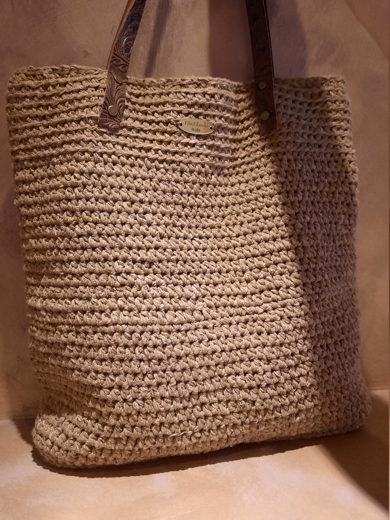 Rectangular crochet boho chic bag. Tobacco boho chic bag, linen tote bag lined, chunky oversize.Shoulder bag handmade, natural fiber purse image 2