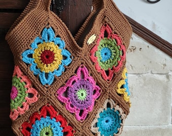 Colorful and raibow crochet boho bag for woman. Granny tote handmade beach purse, chunky oversize. Halloween purple halloween witches bag