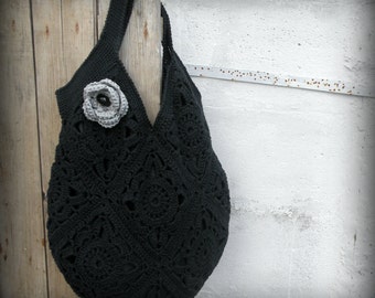 Black summer handbag oversize, cotton granny squares, handmade gift festival shopper. Purse lined. Gipsy boho chic. Vegan handmade beach bag