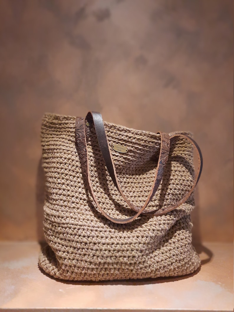 Rectangular crochet boho chic bag. Tobacco boho chic bag, linen tote bag lined, chunky oversize.Shoulder bag handmade, natural fiber purse image 1