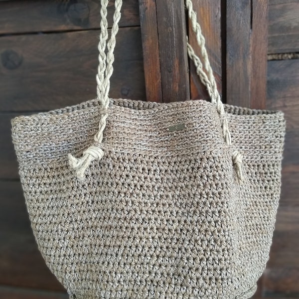 Borsa primavera estate lino e cotone all'uncinetto. Sacca stile rustico, country chic, stile vintage. Borsa della spesa, da mare spiaggia.