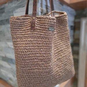 Rectangular crochet boho chic bag. Tobacco boho chic bag, linen tote bag lined, chunky oversize.Shoulder bag handmade, natural fiber purse image 9