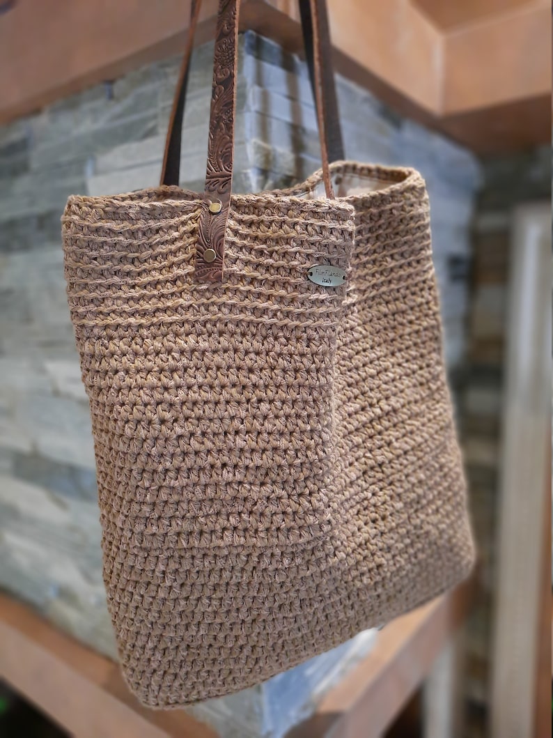 Rectangular crochet boho chic bag. Tobacco boho chic bag, linen tote bag lined, chunky oversize.Shoulder bag handmade, natural fiber purse image 9