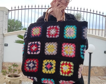 Grande borsa moda con piastrelle all'uncinetto e manici in Sacca  multi Sporta con quadrati Borsa hippie anni 70