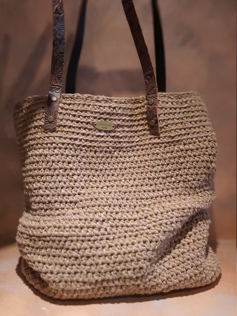 Rectangular crochet boho chic bag. Tobacco boho chic bag, linen tote bag lined, chunky oversize.Shoulder bag handmade, natural fiber purse image 5