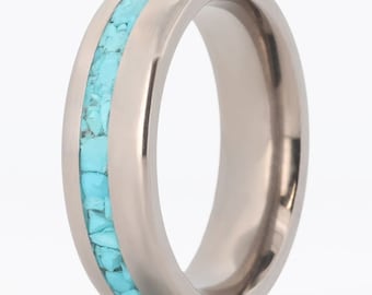 Men's Titanium Band, Silver Titanium Ring, Crushed Turquoise Ring, Titanium Band with Turquoise Inlay- The Santa Fe