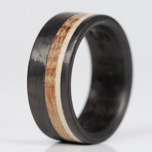 Wooden Wedding Ring, Carbon Fiber Band, Deer Antler Ring with Whiskey Barrel Wood and Carbon Fiber- The Marksman