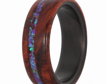 Opal Ring, Wood and Carbon Fiber, Cocobolo Wood Ring- The Milky Way