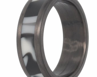 Resin Wedding Band, White Camo Ring, Carbon Fiber Ring, Camo Ring with Carbon Fiber Liner- The Homesteader