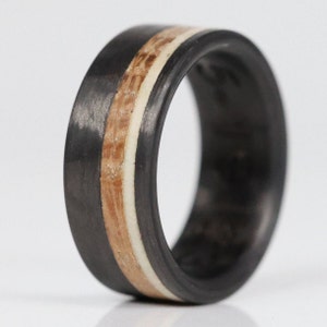 Natural Wood Ring, Rustic Jewelry, Carbon Fiber and Deer Antler Ring with Whiskey Barrel Wood- The Marksman