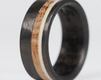 Natural Wood Ring, Rustic Jewelry, Carbon Fiber and Deer Antler Ring with Whiskey Barrel Wood- The Marksman