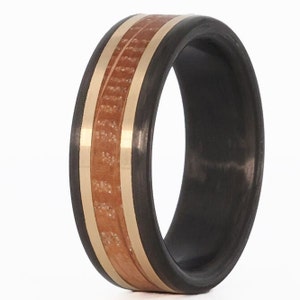 Carbon Fiber Ring, 14 Karat Gold Ring, Whiskey Barrel Ring with Gold Inlay and Carbon Fiber Sleeve- The Blackbeard