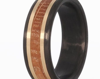 Carbon Fiber Ring, 14 Karat Gold Ring, Whiskey Barrel Ring with Gold Inlay and Carbon Fiber Sleeve- The Blackbeard