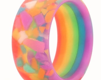 Rainbow Glow Wedding Bands, Glow resin ring, Rainbow Ring, Glow Rings, Glowing Ring- The Garcia