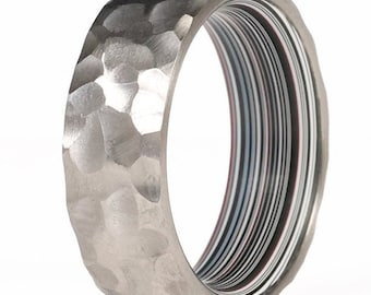 Gifts for Him, Car Enthusiasts, Hammered Ring, Fordite Ring with Hammered Titanium Exterior- The Trucker