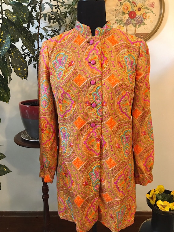 60s Colourful Nat Kaplan Mehndi Print Mandarin Col