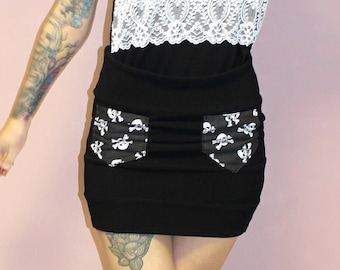Halloween Black sexy mini Skirt, Skull Print Punk Grunge, Bodycon fitted