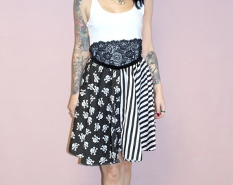 Pretty Disturbia Handmade Halloween Black and White Skull and Stripe Pattern Skirt Beetlejuice